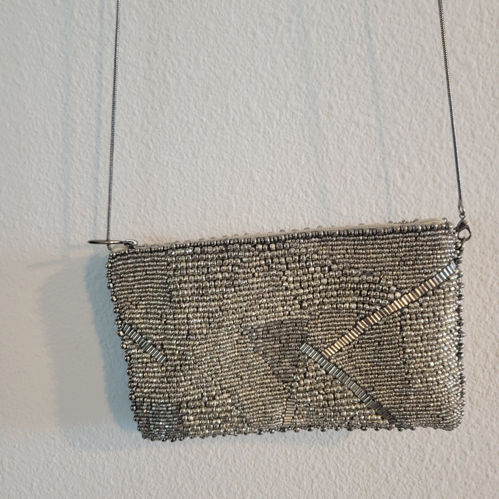 MARY FRANCES Silver Beaded With Long Chain Strap Exelent